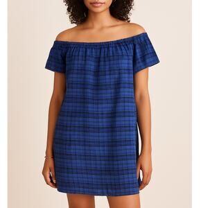 Madewell Blue Plaid Off Shoulder Dress